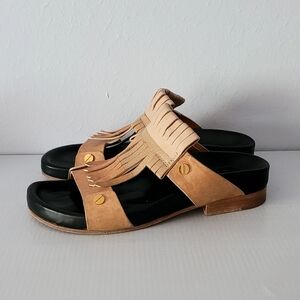 Chloé Leather Fringe Detail Slide Sandals 37, Made in Italy